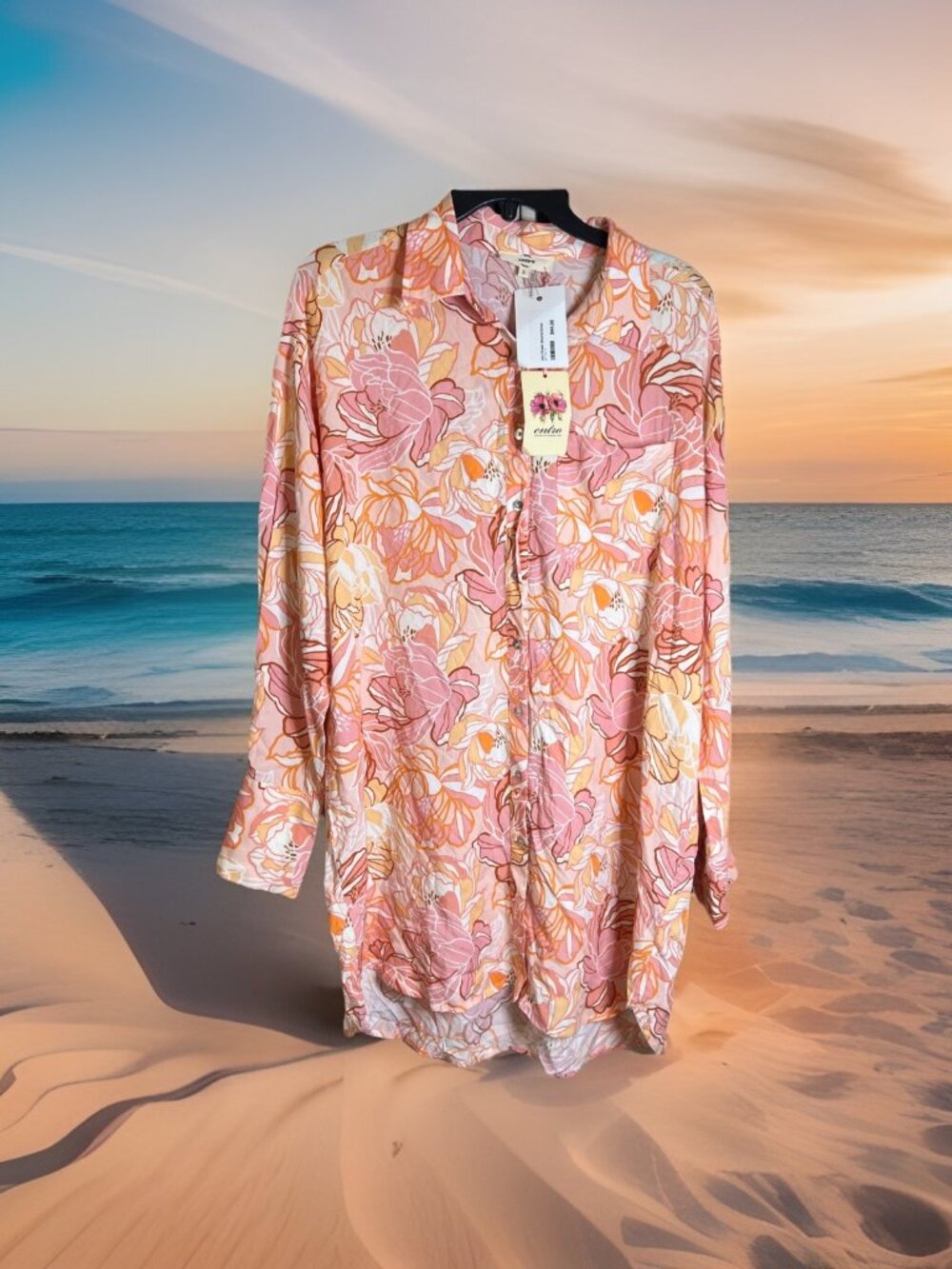 Entro Women's Floral Multicolor Long Sleeve Boho Summer Dress Size Small Beach